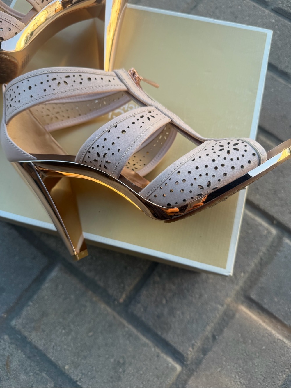 Michael Kors Blush Pink Perforated T-Strap Heels with Rose Gold Heel - Picture 7 of 10